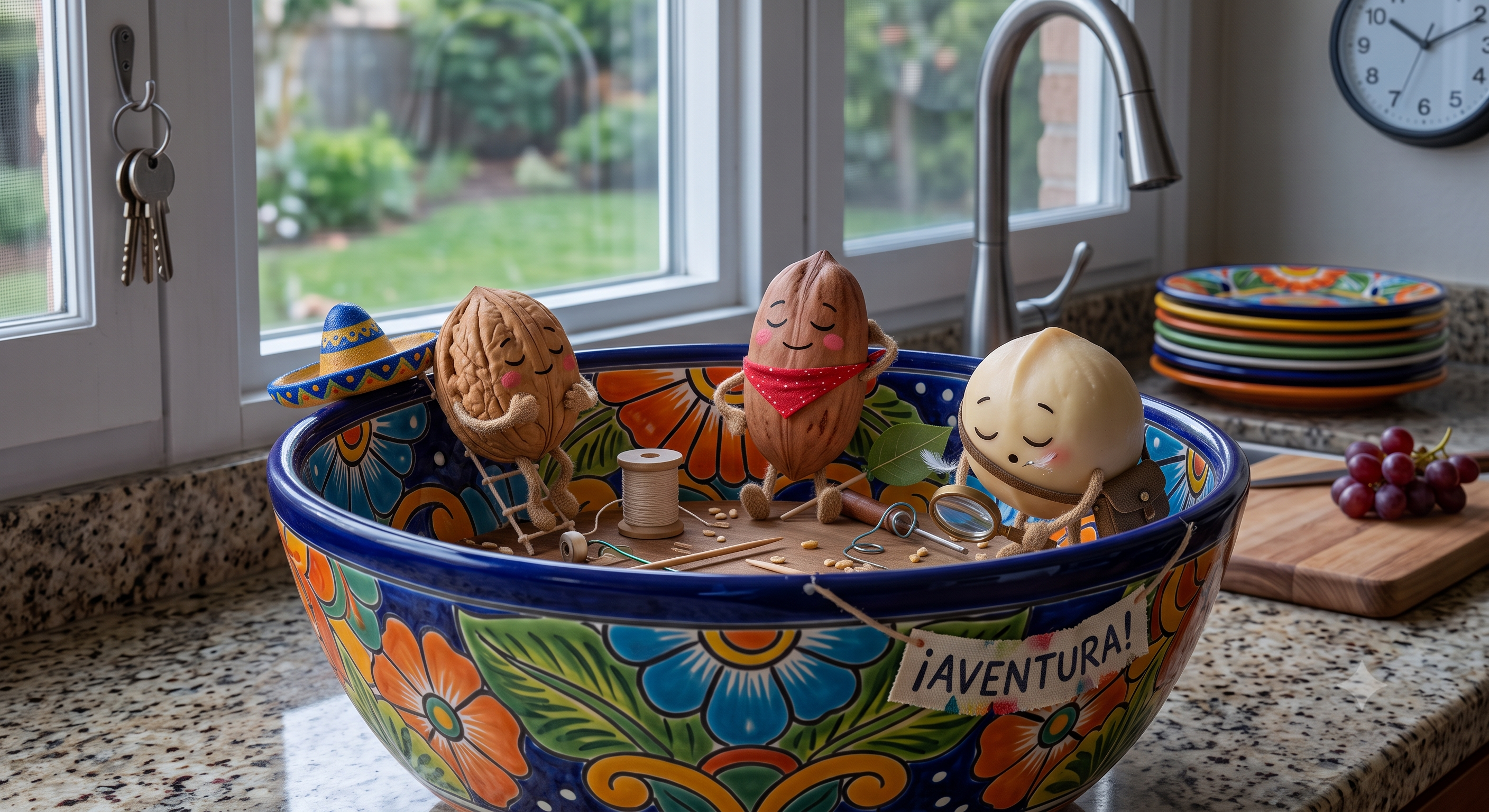 Mateo Nuez, Pepa Pacana, and Miguelito Macadamia peeking out from their Talavera bowl, ready for adventure.