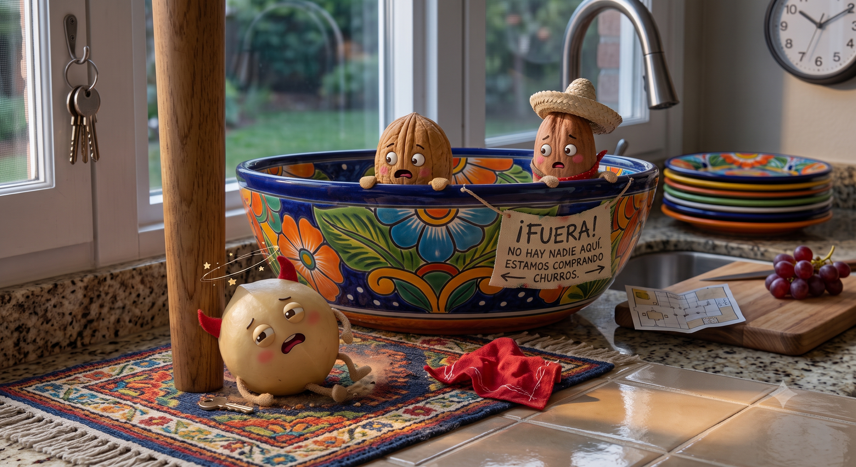 The nuts freeze in terror as a sign on the bowl insists they are out buying churros.