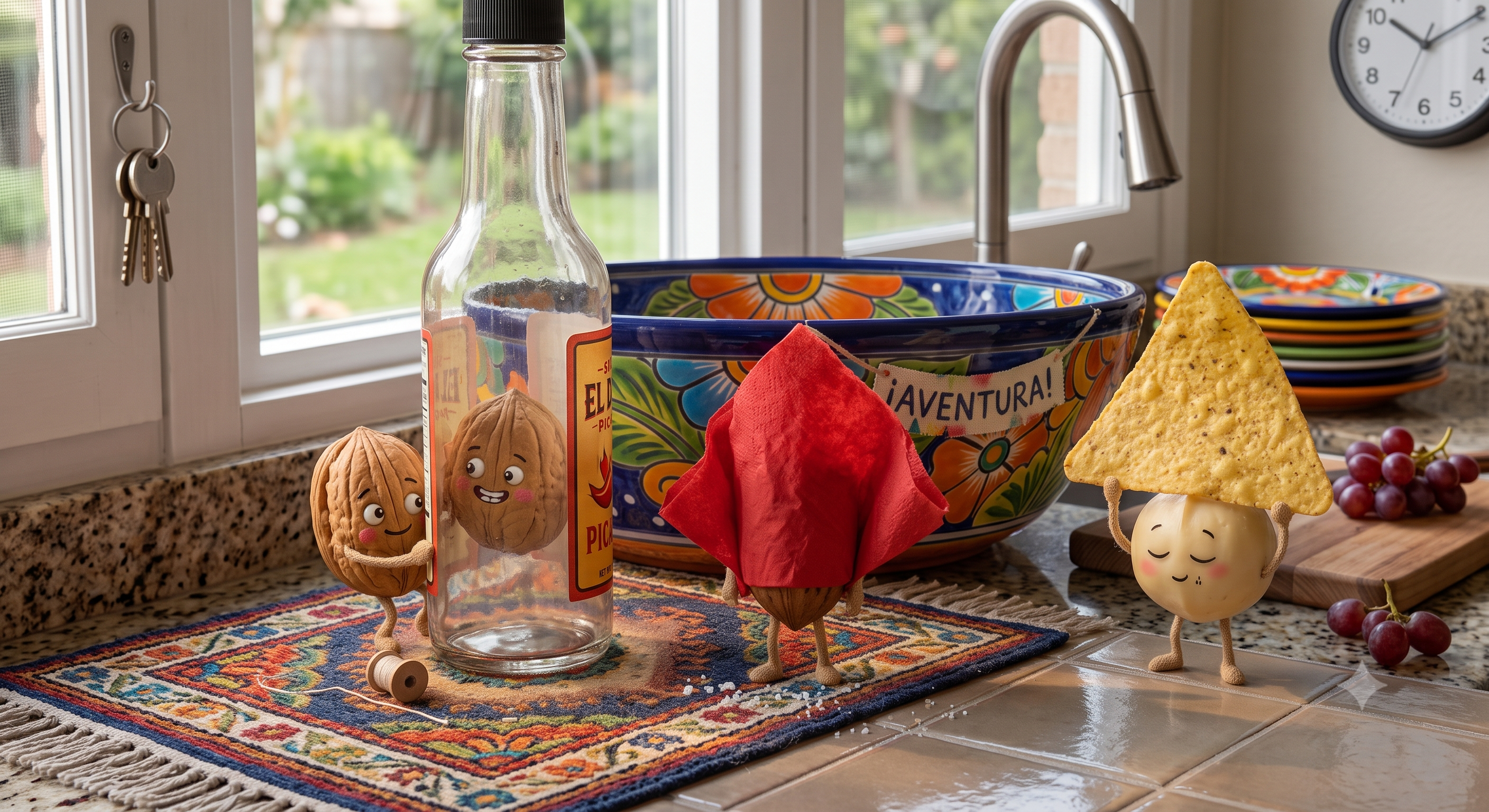 Mateo admires his reflection in a hot sauce bottle, Pepa hides under a red napkin, and Miguelito holds a tortilla chip like a tiny roof.