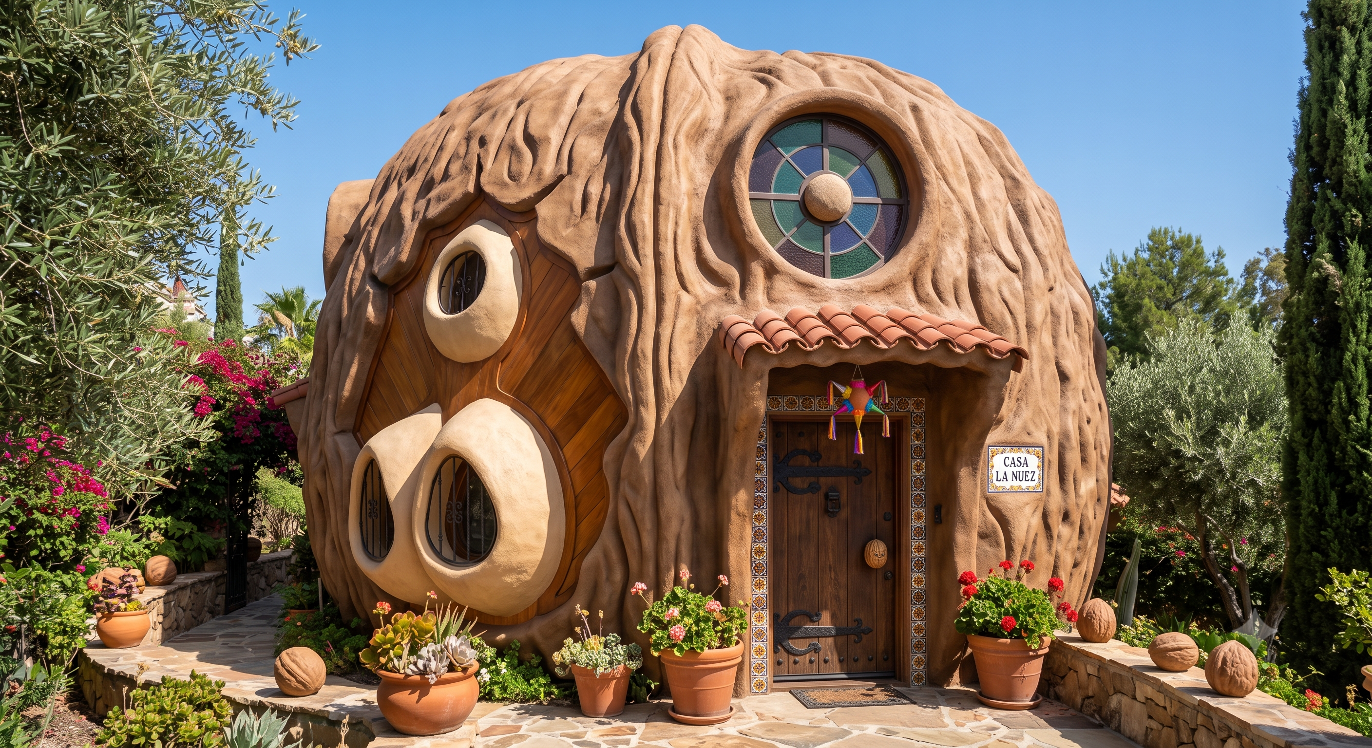 A whimsical walnut-shaped house called Casa La Nuez, with a colorful piñata hanging above the door.